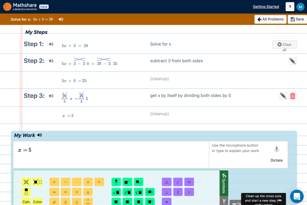 A screenshot of the Mathshare problem solving screen. A student has solved the problem in three steps. The math editor palette is below the problem
